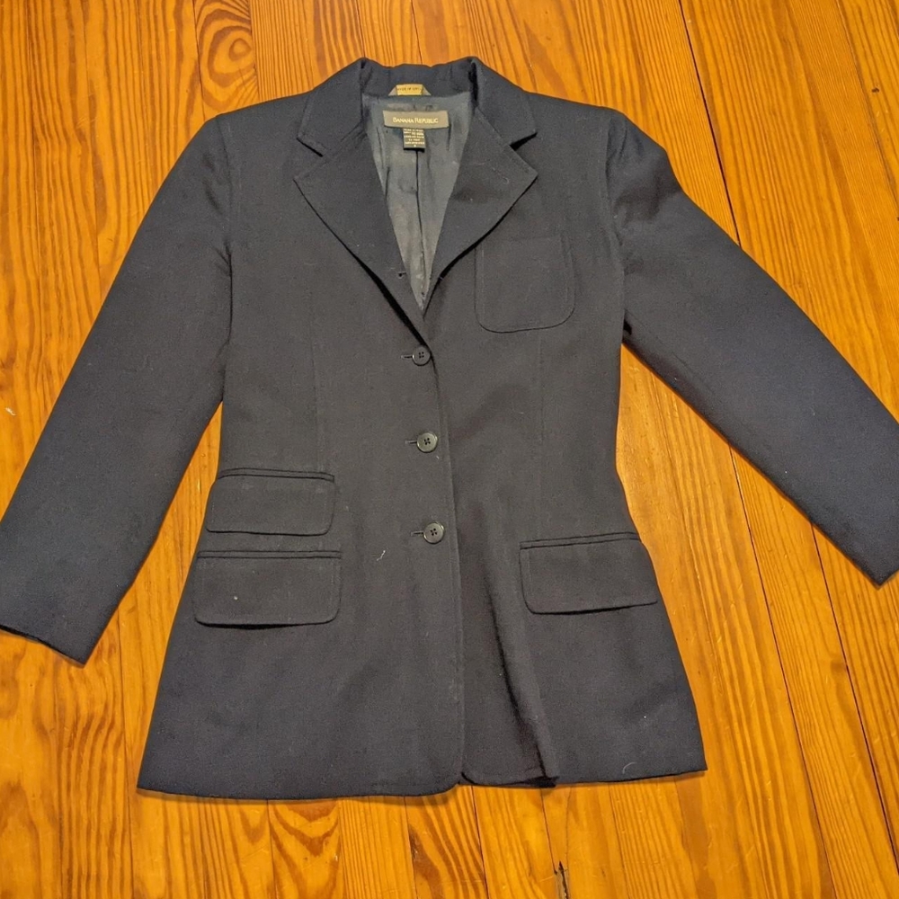 Dark Navy Blue Trim Italian Tailored Blazer, Wool Blend mid length - Size 0